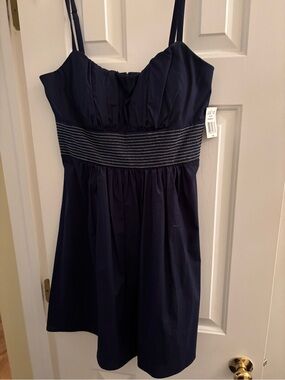 B. Smart Navy Blue Midi Dress with Striped Waistband
